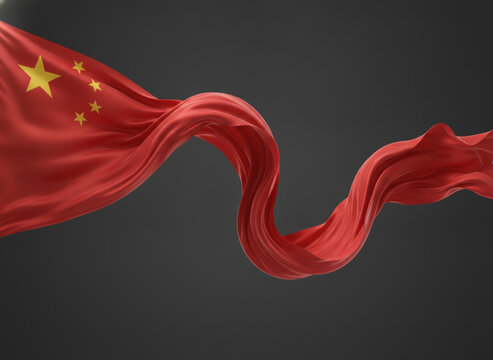 Waving Chinese flag fabric on dark background