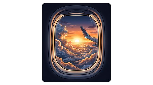 Golden sunset view through airplane window above fluffy clouds