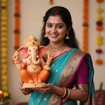 young indian woman wearing traditional sari holding lord ganesha statue