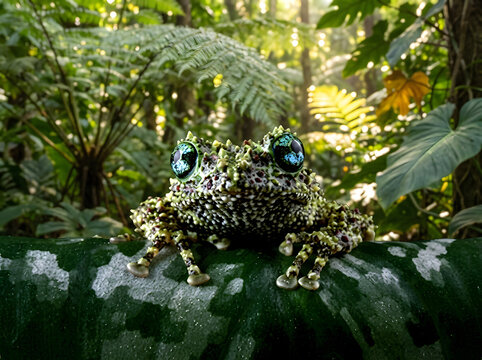 Jeweled frog figurine on a tropical leaf. Decorative amphibian sculpture in a jungle setting.