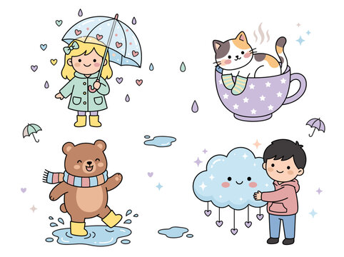 Cute cartoon characters enjoying rainy weather with umbrellas and clouds.