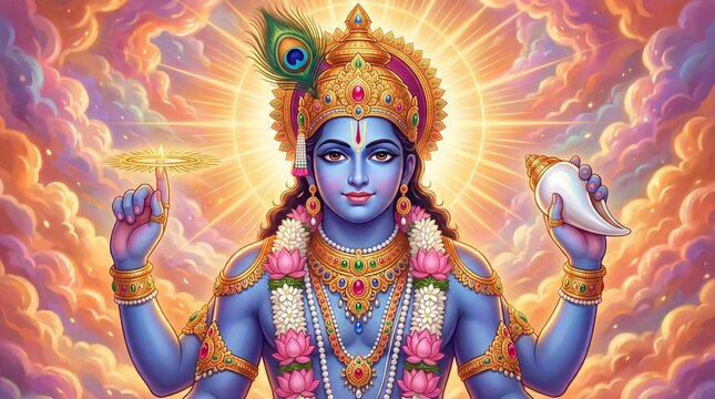 Lord Vishnu on Vaikunth Ekadashi, Krishna/Krushna Janmashtami, Ram Navami, Narsimha Jayanti, Onam, Ekadashi Vrat, Ananta Chaturdashi, Tulasi Vivah, Nirjala Ekadashi, Varah Jayanti, Aashadhi Ekadashi