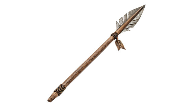 Ancient wooden arrow with a sharp metal tip and feather fletching historical primitive weapon isolated on transparent background