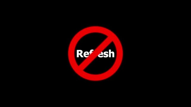 Refresh text animation with red prohibited symbol overlay on black background, reload update forbidden