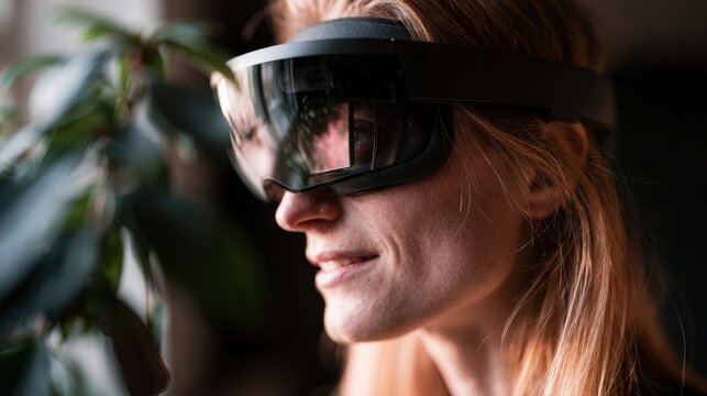 Young woman with red hair wearing futuristic black visor indoors near plants