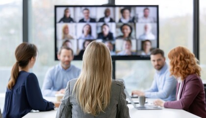 Fototapeta premium Conference room meeting with colleagues on video call screen