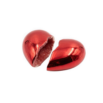 A broken heartshaped red geode crystal isolated on transparent background