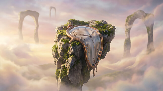 Surreal melting gold clock draped over a mossy floating rock in a cloudy fantasy sky