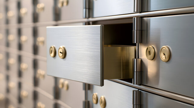 A detailed view of the secure metal safe deposit boxes, showing one partly open, highlighting security and storage