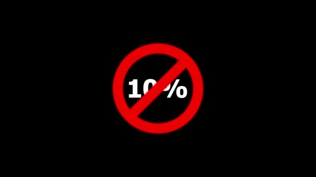 10% discount prohibited sign animation, no ten percent off symbol, financial restriction forbidden