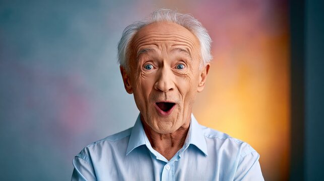Close-up portrait of an elderly man with an exaggerated surprised expression, positive shock reaction.