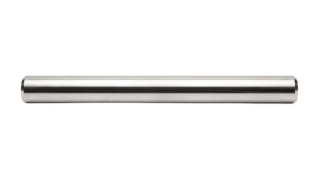 Polished steel dowel pin isolated on white background, industrial stainless steel rod, metallic cylindrical roller bearing component