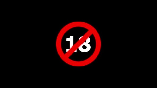 18 plus age restriction sign animation, warning on black background, symbol