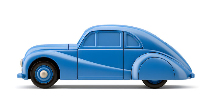 A retro blue toy car displayed against a white background