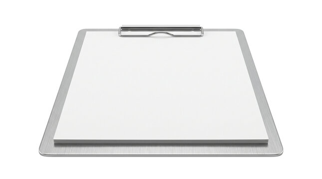 Metallic silver clipboard with blank white paper, professional office stationery mockup, empty document holder for business notes and checklists