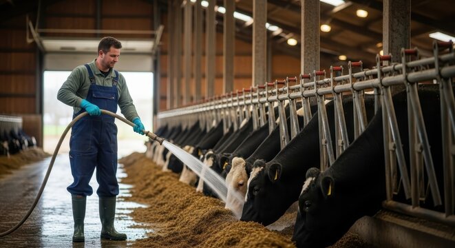 Farm worker cleans cattle with water hose during feeding time in barn