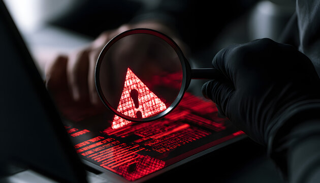 A person in a black glove examines a glowing red warning sign on a digital interface with a magnifying glass. The move is by a cyber security expert looking for signs of a system bug or data breach. F