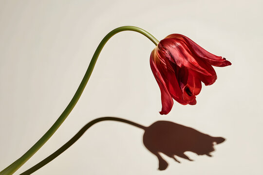 The red tulip has a drooping head, a curved stem, and a wilted appearance on a neutral background