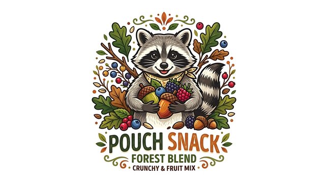 Raccoon mascot holding forest snacks with berries and acorns