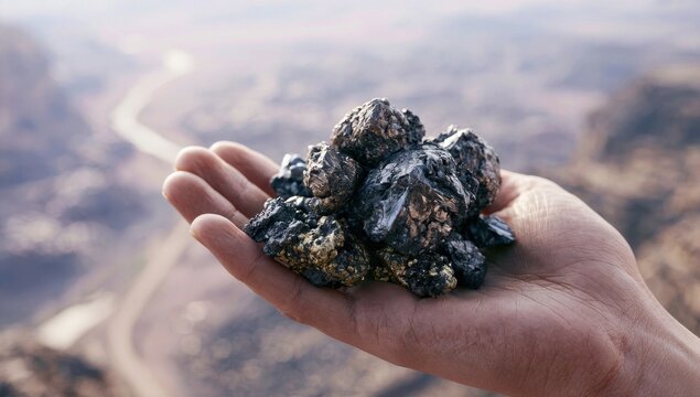 A hand holding a pile of dark, rough-textured rocks against a blurred mountainous landscape
