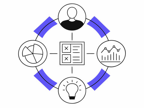 Modern business vector illustration showing a small startup team collaborating around a central product concept, surrounded by idea icons, workflow arrows, charts, communication symbols, and project p