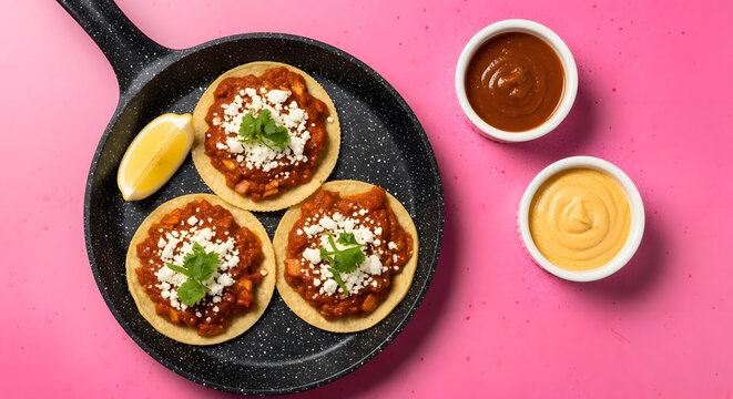 Three traditional Mexican sopes with cheese in frying pan