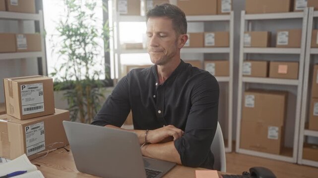 Man typing on laptop beside stacked parcels and shipping boxes at a desk inside a building; small business focus.