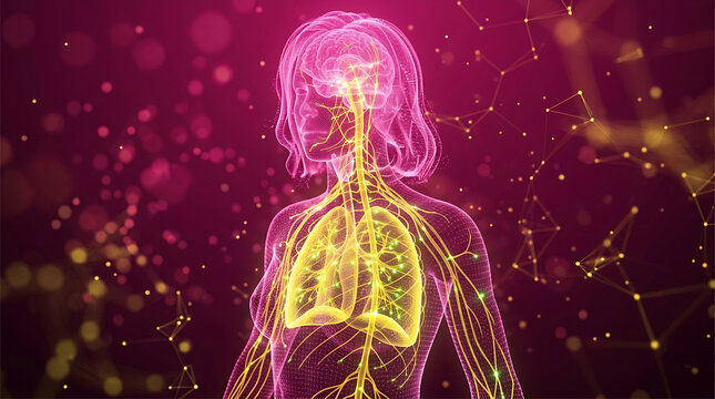 Human lymphatic system and lungs medical 3d illustration. Female body anatomy glowing nerve network stock vector. Respiratory immunity health concept graphics.