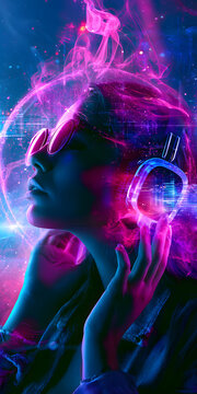 A listener is immersed in music through headphones within a neon digital music bubble. This idea aims to enhance personalized music listening and redefine silent disco experiences.