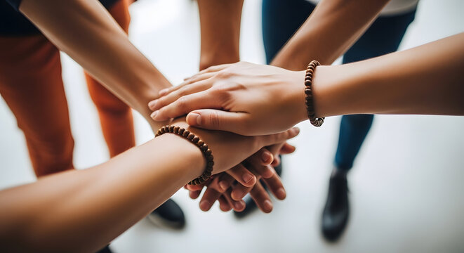 Diverse team hands stacked together demonstrating unity