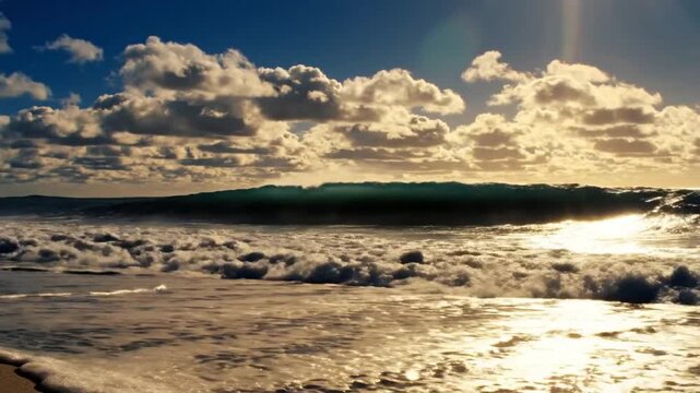 Ocean Serenity: A tranquil ocean scene unfolds under a dramatic sky, with gentle waves lapping at the shore and the sun casting a warm, ethereal glow over the water.