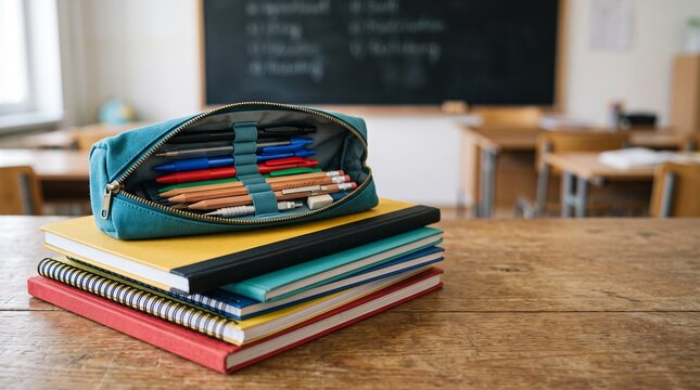Open pencil case on stack of notebooks on wooden desk in classroom