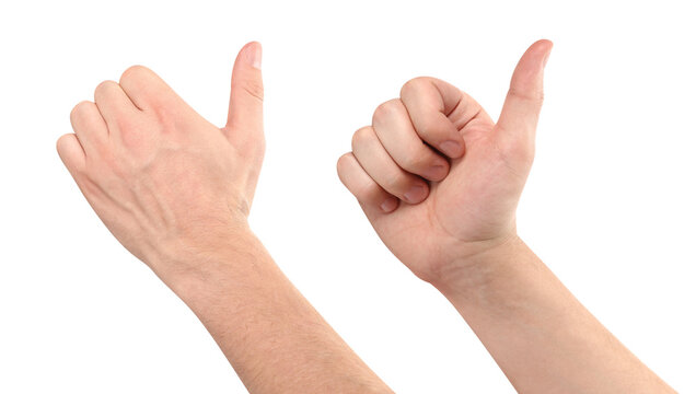 Set of male hands showing thumbs up approval gestures, isolated on transparent cutout background