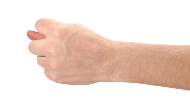 Male hand showing fig sign with thumb between fingers, isolated on transparent cutout background
