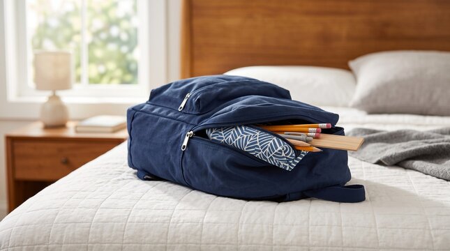 Blue school backpack with supplies on bed in bright bedroom