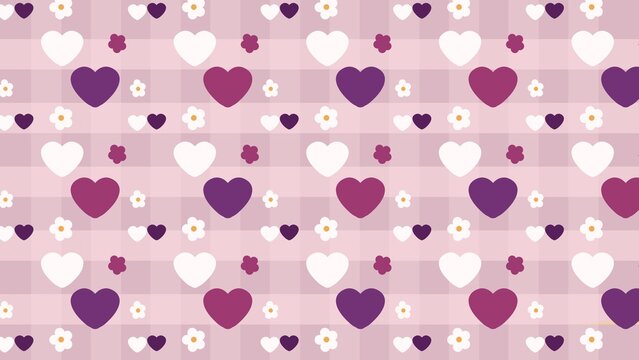 Seamless pattern with purple and white hearts and tiny flowers on a light pink plaid background