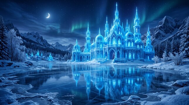Majestic ice castle glowing under the northern lights on a frozen winter night