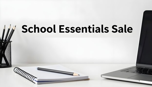 School Essentials Sale Banner Concept with Modern Laptop, Notebook, and Pencils on Desk