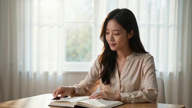 Young Asian woman writing in a journal at a wooden table in a bright, sunlit room with white curtains, looking away thoughtfully with a peaceful smile.
