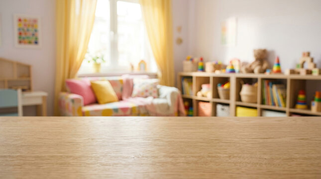 Empty wooden table with blurred background of a cozy children's room