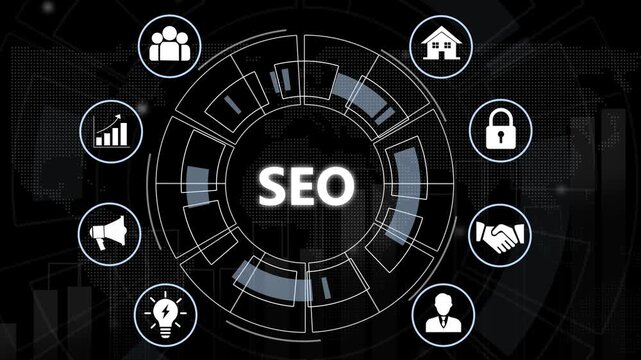 Dynamic seo optimization concept featuring animated digital interface with strategic marketing search engine ranking growth, global business connectivity, and data analytics visualization for