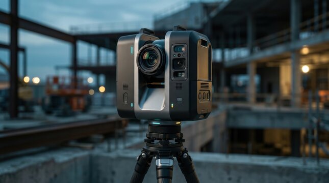 Modern 3d scanner on tripod at construction site with blurred background.