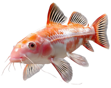 Orange Koi Fish Floating Gracefully: A striking orange and white koi fish with intricate fin details swims elegantly, its barbels trailing in the pristine water.
