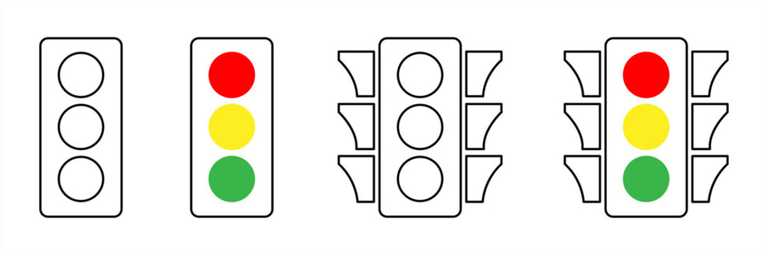 Traffic light and signal icon set. Traffic light and semaphore signal signs. Road traffic control, vector illustration.