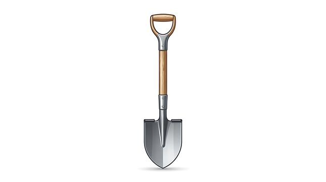 Garden shovel isolated on white background. Metal spade with wooden handle for digging.