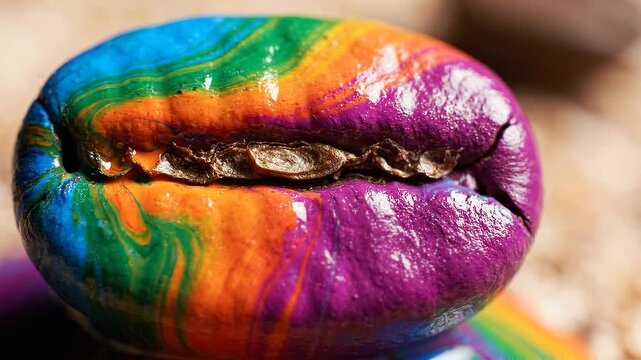 A single colorful rainbow painted coffee bean with a vibrant swirl pattern