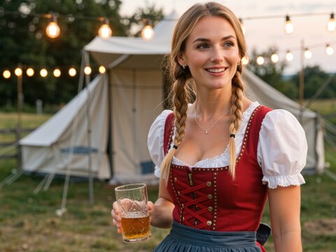 Woman wearing dirndl celebrating oktoberfest at glamping festival