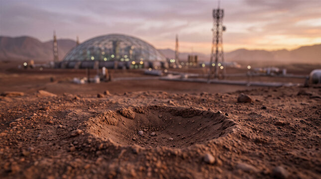 Martian crater closeup with blurry biodome base symbolizing colonization and scientific exploration on planet mars.