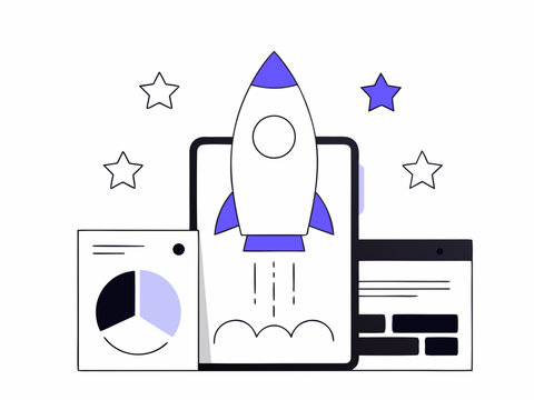 Professional vector artwork depicting the launch of a new digital service with a smartphone interface, service package, rocket symbol, customer feedback stars, analytics dashboard, and growth