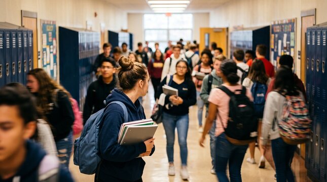 High school students walking in crowded hallway between classes